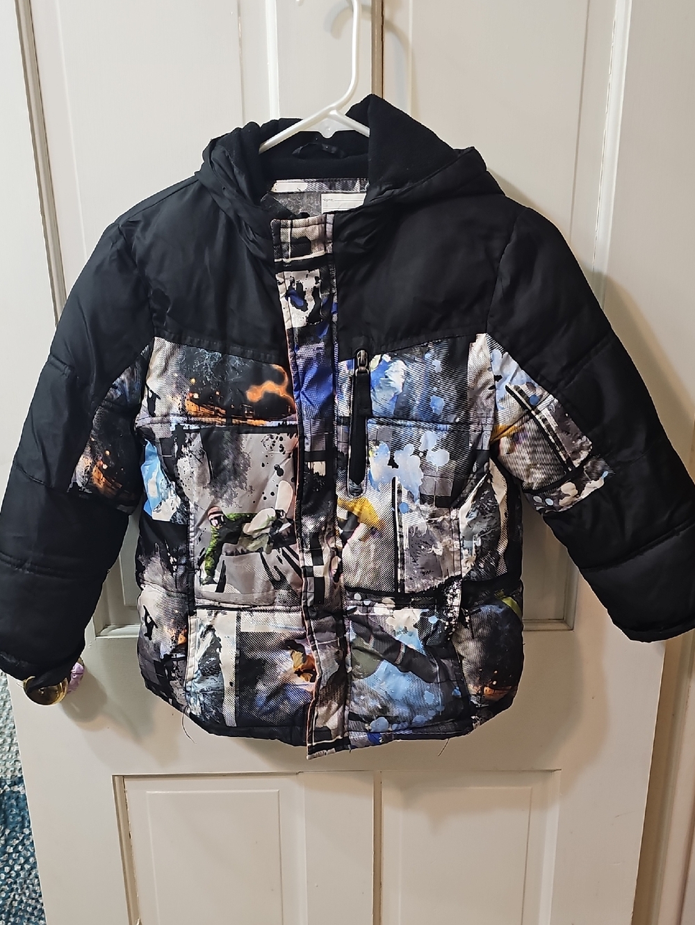 Athletech Black Multi-Print Hooded Puffer Jacket